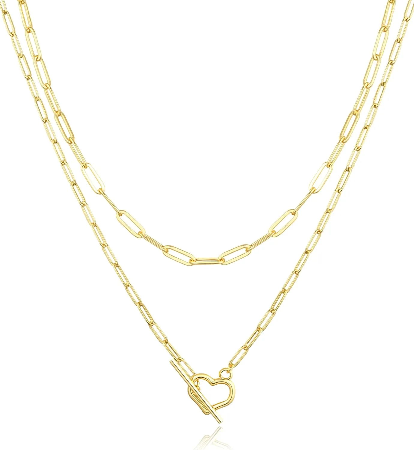 Jewlpire Gold Layered Necklaces for Women, Non Tarnish 14K Gold Chain Necklace Women Trendy Herringbone Necklace Paperclip Chain Toggle Clasp Necklace Fashion Gold Jewelry Gift for Women