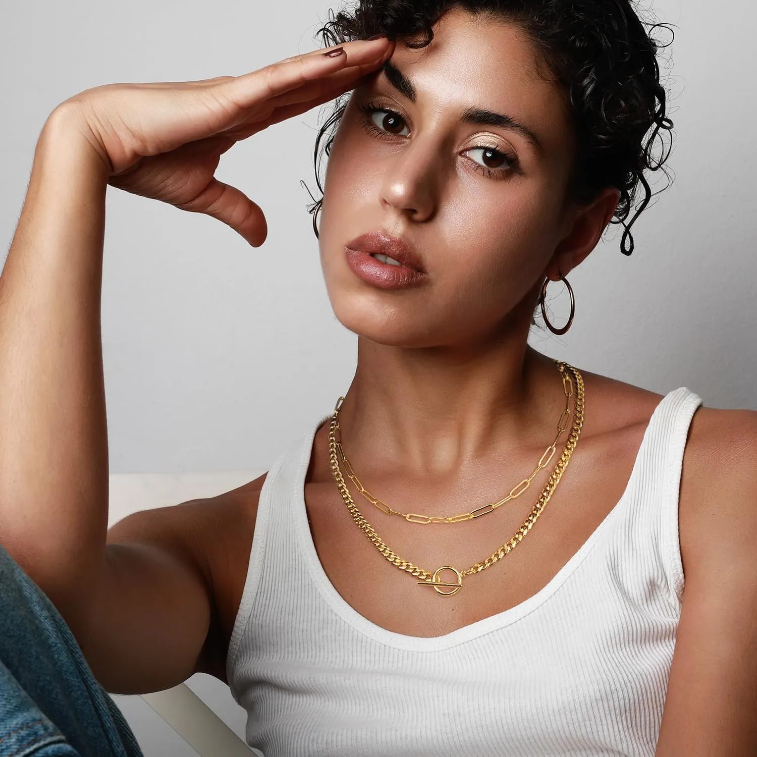 Jewlpire Gold Layered Necklaces for Women, Non Tarnish 14K Gold Chain Necklace Women Trendy Herringbone Necklace Paperclip Chain Toggle Clasp Necklace Fashion Gold Jewelry Gift for Women