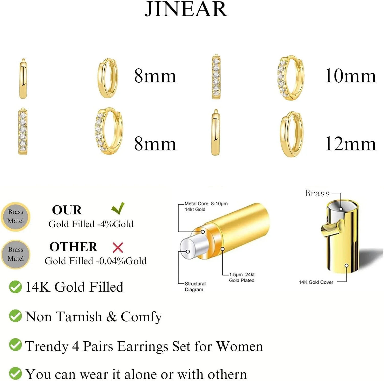 JINEAR 4 Pairs Gold Hoop Earrings Set for Women, 14K Plated Chunky Gold Hoop Earrings Dainty Simple Gold Earrings Hypoallergenic Non Tarnish Small Hoop Earrings Cartilage Earrings Jewelry Gift