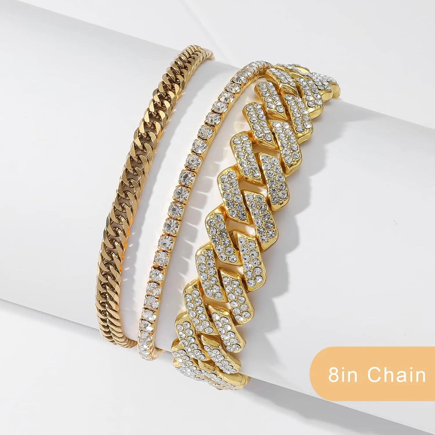 JUNVirtuous 3 Pieces Bracelets Set for Women Cuban Link Chain Ankle Bracelets Silver/Gold Bling Diamond Hip Hop Jewelry Gift for Men and Women
