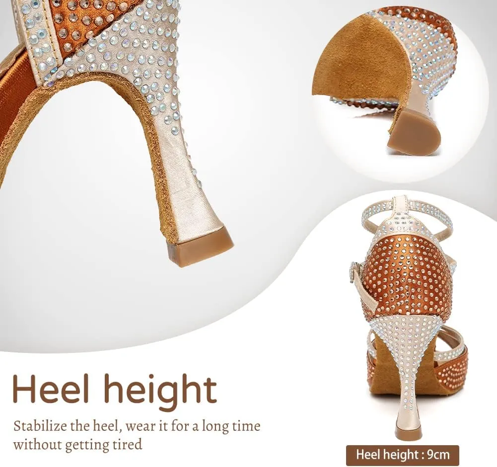 JUODVMP Latin Dance Shoes for Women Peep Toe Ballroom Salsa Tango Professional Dance Heels with Rhinestones