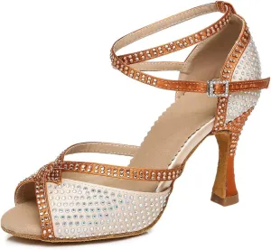 JUODVMP Latin Dance Shoes for Women Peep Toe Ballroom Salsa Tango Professional Dance Heels with Rhinestones