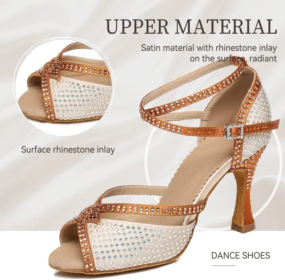 JUODVMP Latin Dance Shoes for Women Peep Toe Ballroom Salsa Tango Professional Dance Heels with Rhinestones