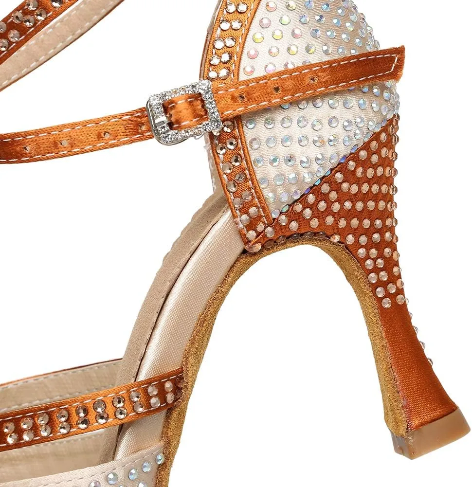JUODVMP Latin Dance Shoes for Women Peep Toe Ballroom Salsa Tango Professional Dance Heels with Rhinestones