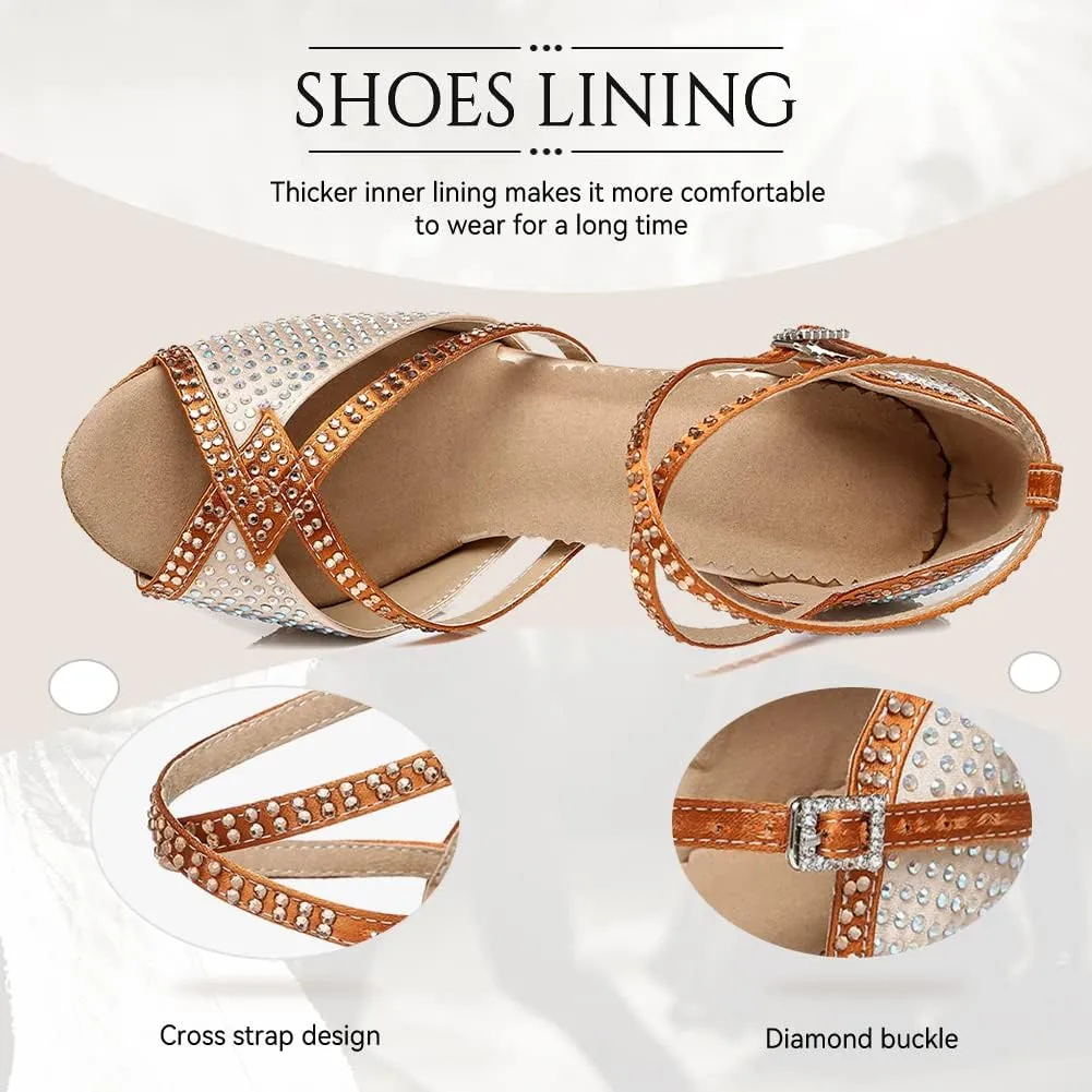 JUODVMP Latin Dance Shoes for Women Peep Toe Ballroom Salsa Tango Professional Dance Heels with Rhinestones