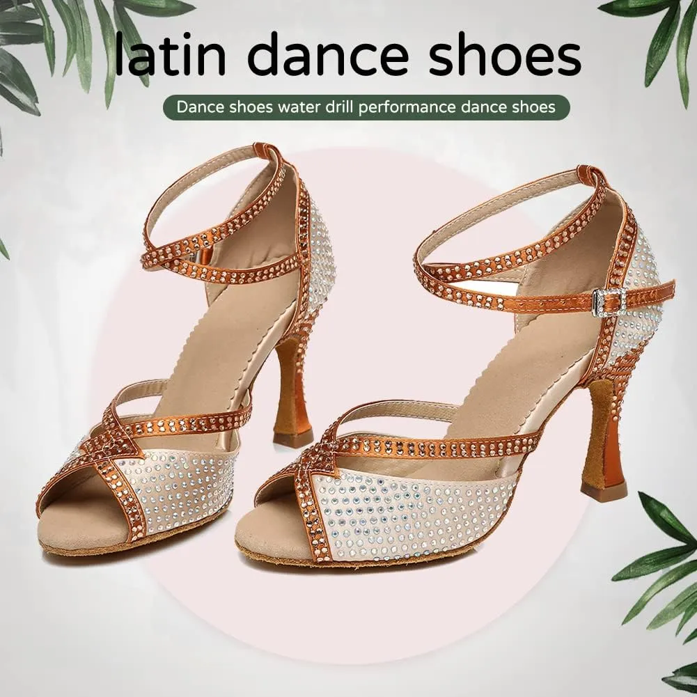 JUODVMP Latin Dance Shoes for Women Peep Toe Ballroom Salsa Tango Professional Dance Heels with Rhinestones