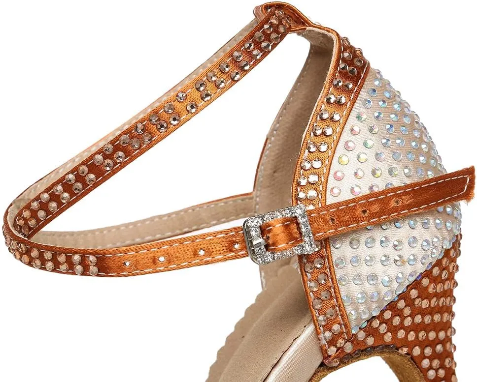 JUODVMP Latin Dance Shoes for Women Peep Toe Ballroom Salsa Tango Professional Dance Heels with Rhinestones