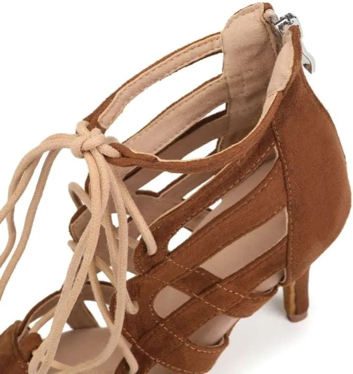 JUODVMP Women Latin Dance Boots Cross Straps High Heels Ballroom Cha-Cha Dance Shoes