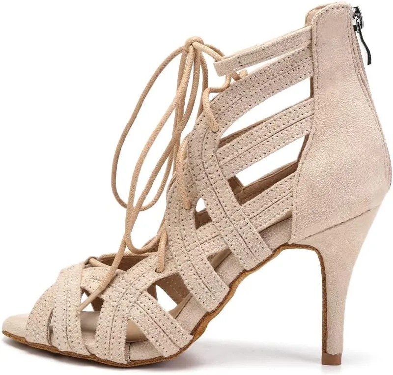 JUODVMP Women Latin Dance Boots Cross Straps High Heels Ballroom Cha-Cha Dance Shoes