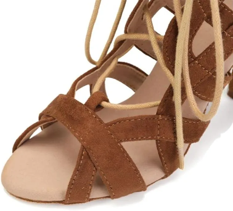 JUODVMP Women Latin Dance Boots Cross Straps High Heels Ballroom Cha-Cha Dance Shoes