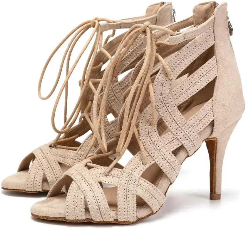 JUODVMP Women Latin Dance Boots Cross Straps High Heels Ballroom Cha-Cha Dance Shoes