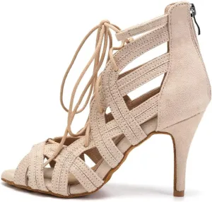 JUODVMP Women Latin Dance Boots Cross Straps High Heels Ballroom Cha-Cha Dance Shoes