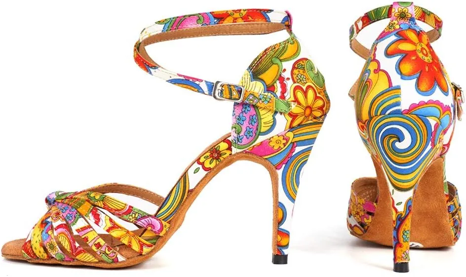 JUODVMP Women's Dance Shoes Colorful Satin Cross-Strap Ballroom Heels Model L354