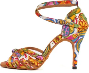 JUODVMP Women's Dance Shoes Colorful Satin Cross-Strap Ballroom Heels Model L354