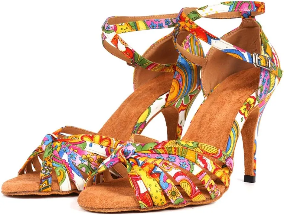JUODVMP Women's Dance Shoes Colorful Satin Cross-Strap Ballroom Heels Model L354