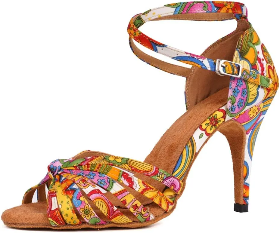 JUODVMP Women's Dance Shoes Colorful Satin Cross-Strap Ballroom Heels Model L354