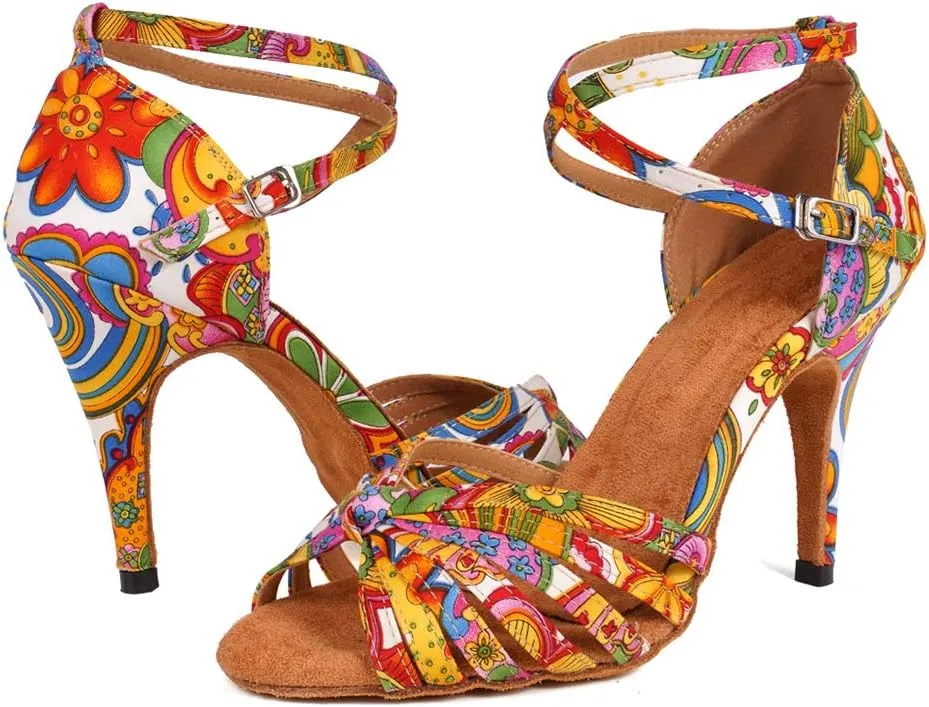 JUODVMP Women's Dance Shoes Colorful Satin Cross-Strap Ballroom Heels Model L354