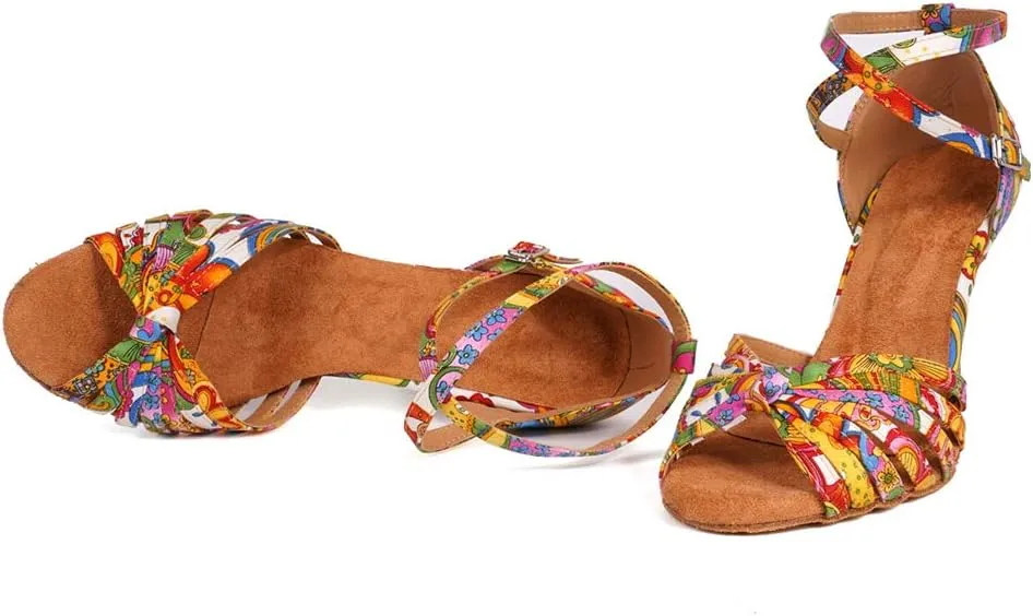 JUODVMP Women's Dance Shoes Colorful Satin Cross-Strap Ballroom Heels Model L354