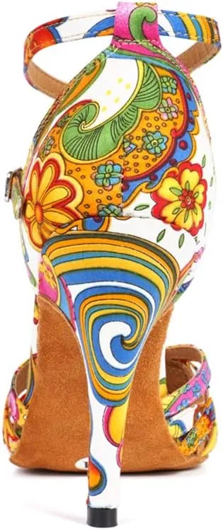 JUODVMP Women's Dance Shoes Colorful Satin Cross-Strap Ballroom Heels Model L354
