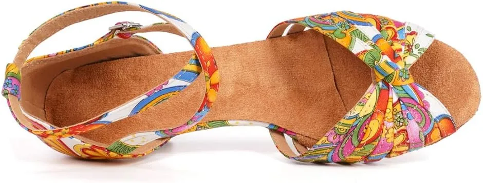 JUODVMP Women's Dance Shoes Colorful Satin Cross-Strap Ballroom Heels Model L354