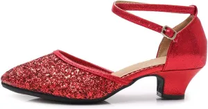 JUODVMP Women's Latin Salsa Ballroom Dance Shoes Sequins Closed-Toe Cross-Straps Dance Heels Model DY225