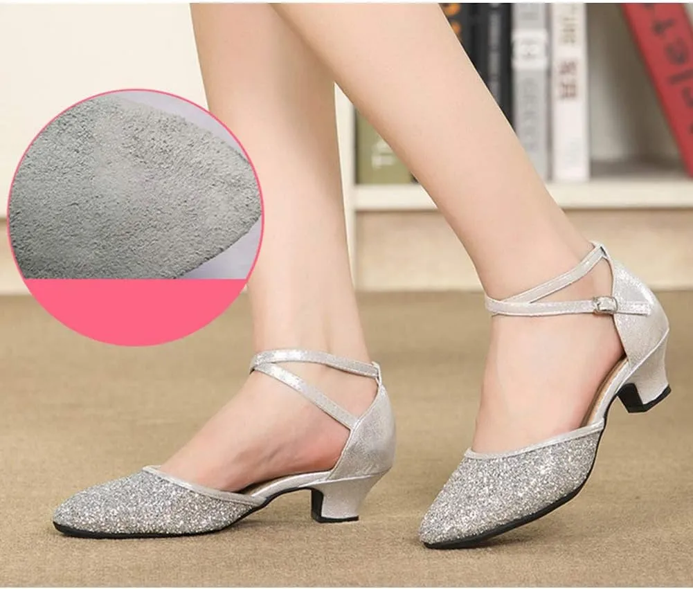 JUODVMP Women's Latin Salsa Ballroom Dance Shoes Sequins Closed-Toe Cross-Straps Dance Heels Model DY225