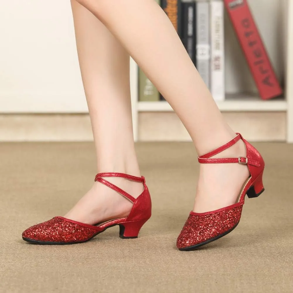 JUODVMP Women's Latin Salsa Ballroom Dance Shoes Sequins Closed-Toe Cross-Straps Dance Heels Model DY225