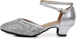 JUODVMP Women's Latin Salsa Ballroom Dance Shoes Sequins Closed-Toe Cross-Straps Dance Heels Model DY225