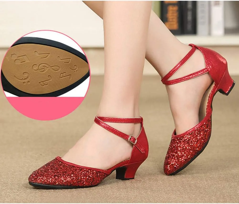 JUODVMP Women's Latin Salsa Ballroom Dance Shoes Sequins Closed-Toe Cross-Straps Dance Heels Model DY225