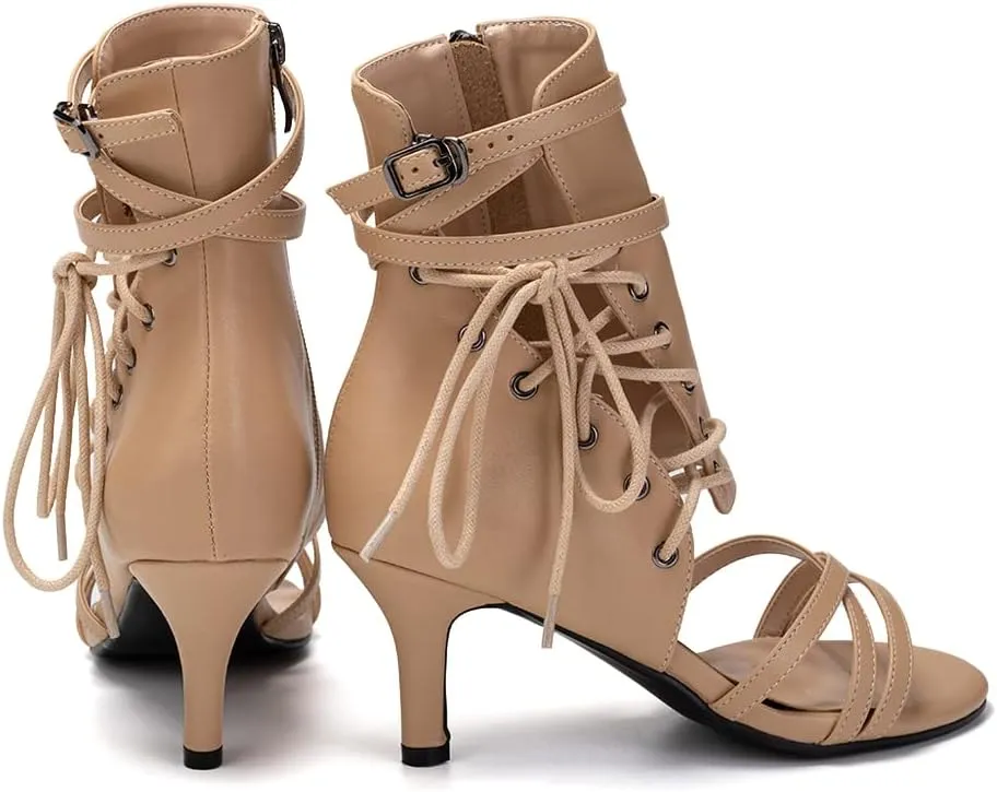 JUODVMP Womens Open Toe Side Lace Up Tall Leather Jazz High Heels Model DS-F019