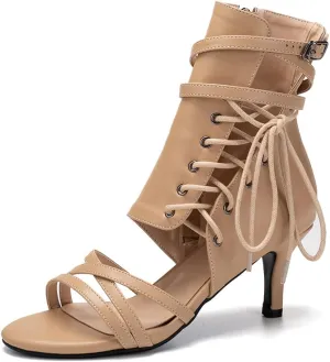 JUODVMP Womens Open Toe Side Lace Up Tall Leather Jazz High Heels Model DS-F019