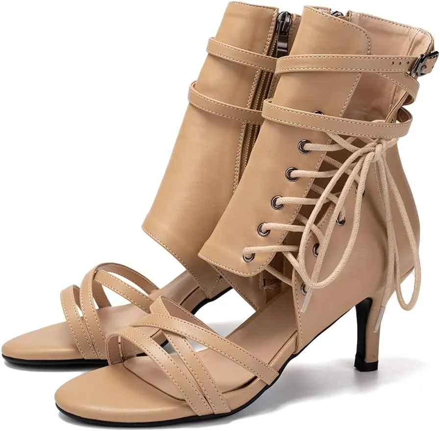 JUODVMP Womens Open Toe Side Lace Up Tall Leather Jazz High Heels Model DS-F019