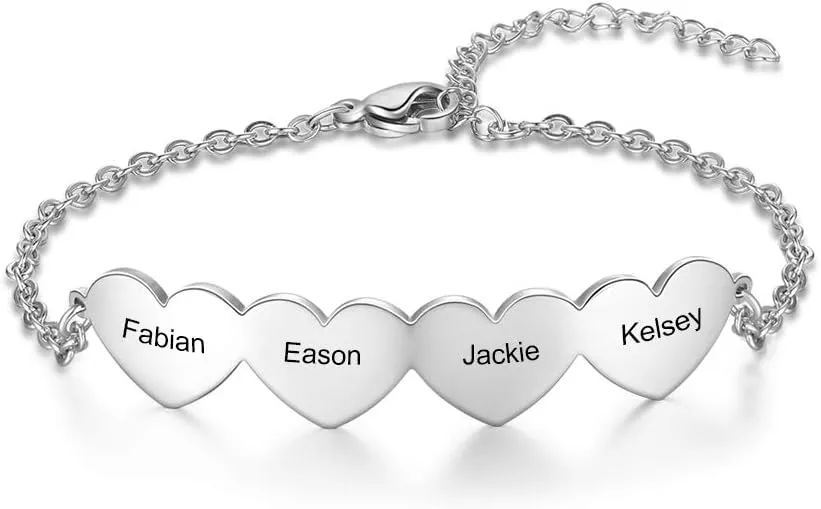 kaululu Personalized Name Bracelets for Women Hearts Bracelet Women's Link Bracelets with Name Adjustable Bracelets Custom Engraved Bracelets for Mother Wife BFF Christmas Birthday Gift