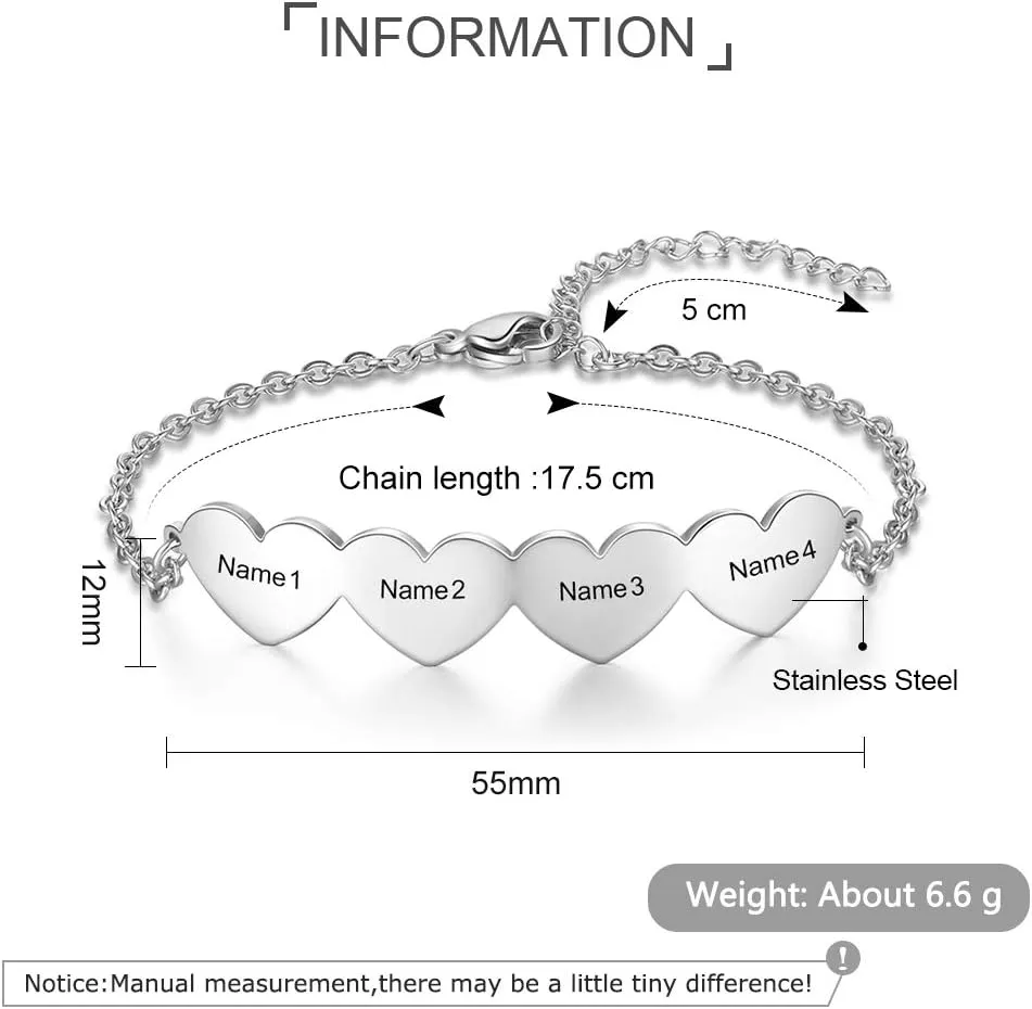 kaululu Personalized Name Bracelets for Women Hearts Bracelet Women's Link Bracelets with Name Adjustable Bracelets Custom Engraved Bracelets for Mother Wife BFF Christmas Birthday Gift