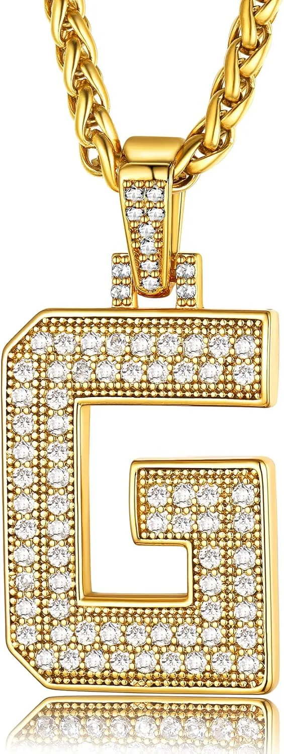KeyStyle Initial Necklaces For Men, Bling Letters Chain Necklace Hip Hop Simulated Diamond Name Pendant with Tennis Chain Spiga Chains