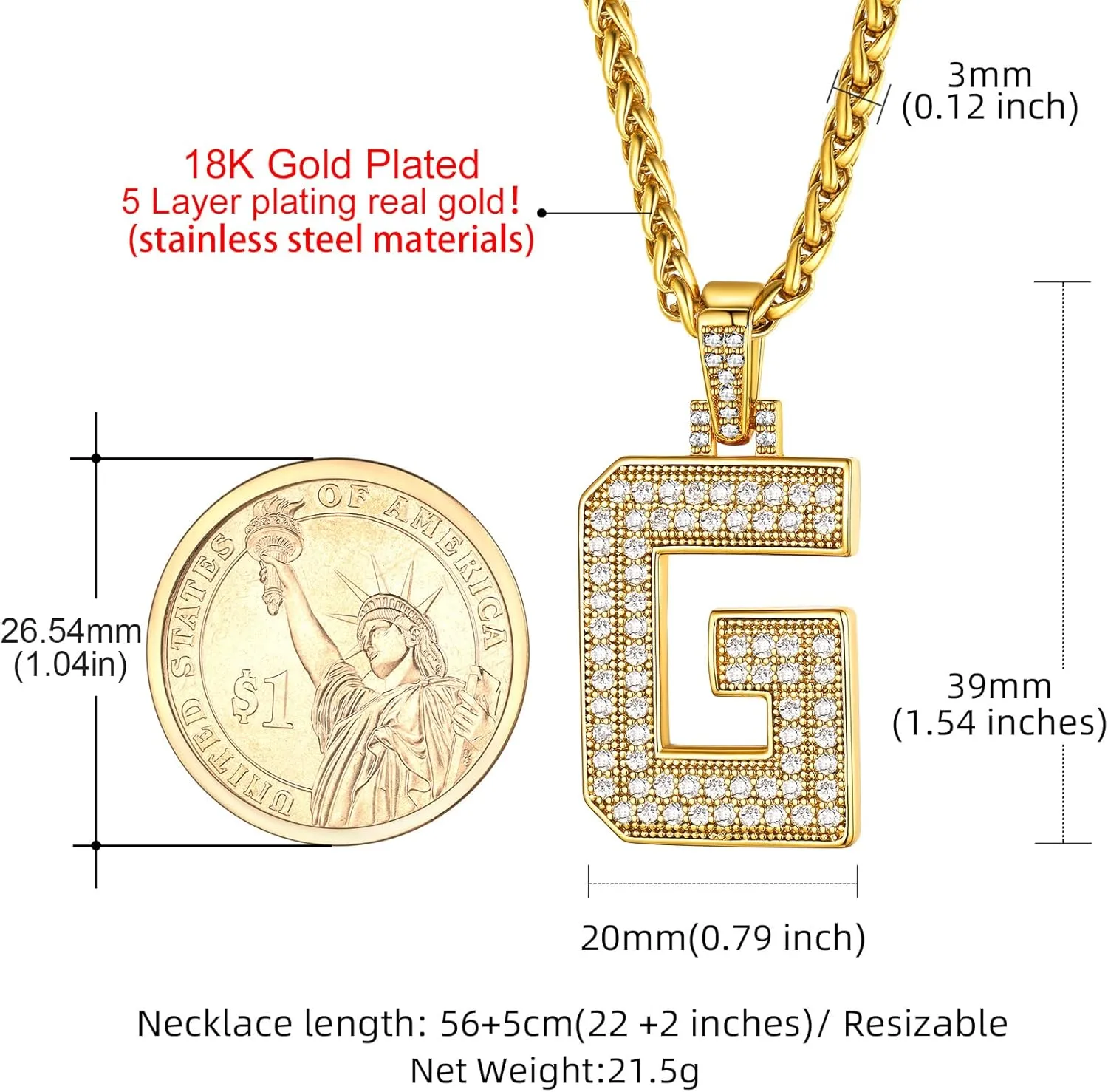 KeyStyle Initial Necklaces For Men, Bling Letters Chain Necklace Hip Hop Simulated Diamond Name Pendant with Tennis Chain Spiga Chains