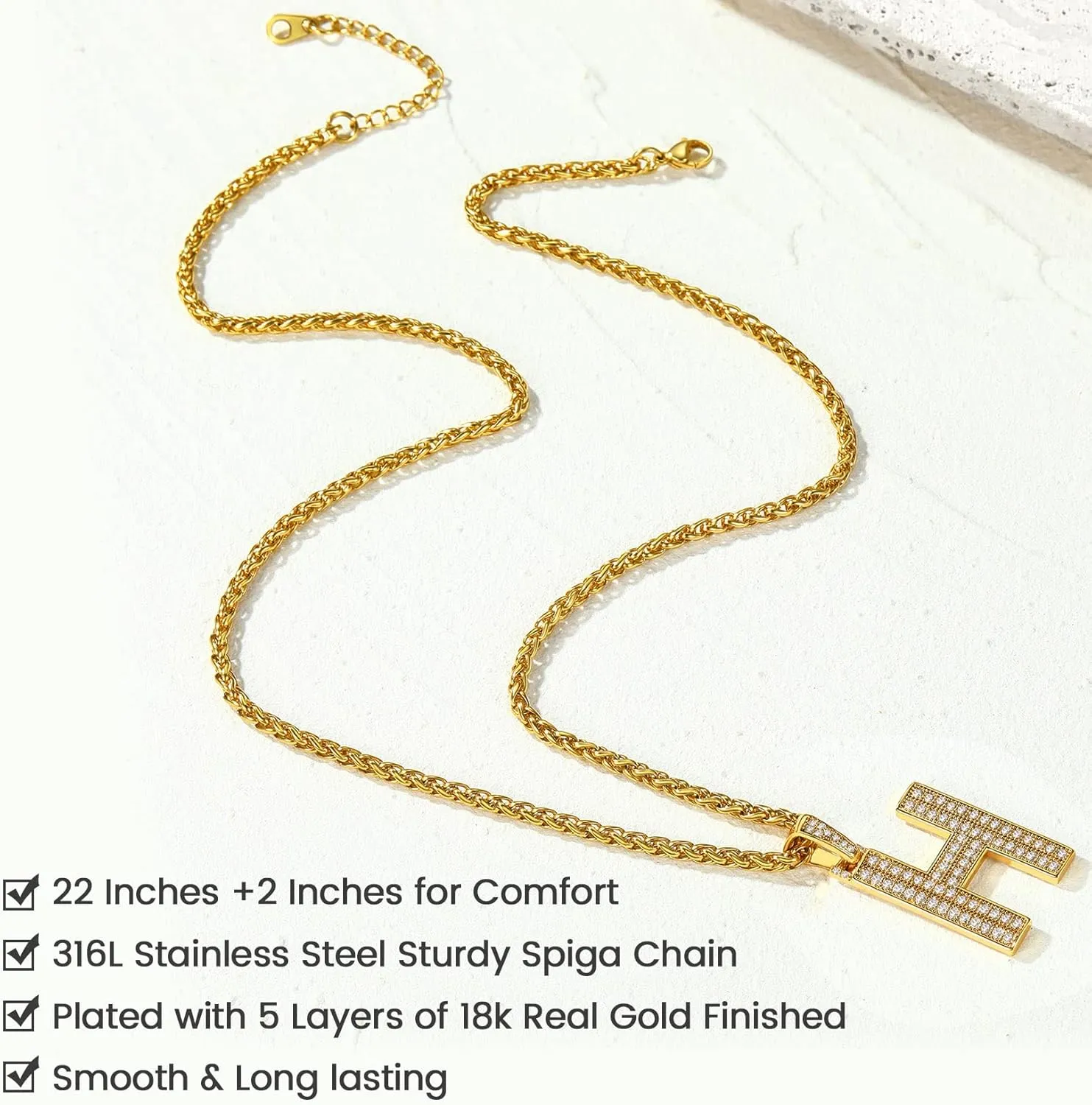 KeyStyle Initial Necklaces For Men, Bling Letters Chain Necklace Hip Hop Simulated Diamond Name Pendant with Tennis Chain Spiga Chains