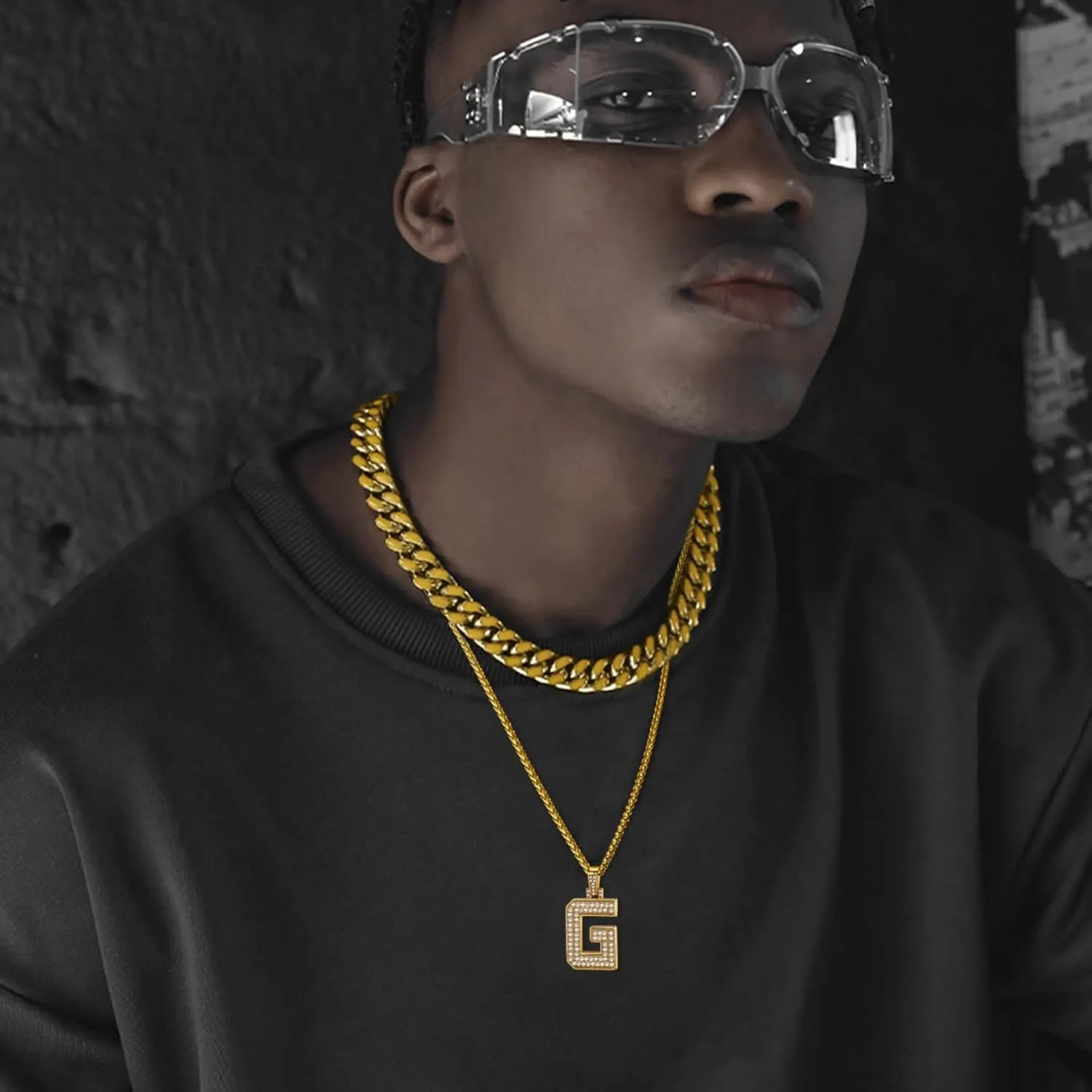 KeyStyle Initial Necklaces For Men, Bling Letters Chain Necklace Hip Hop Simulated Diamond Name Pendant with Tennis Chain Spiga Chains