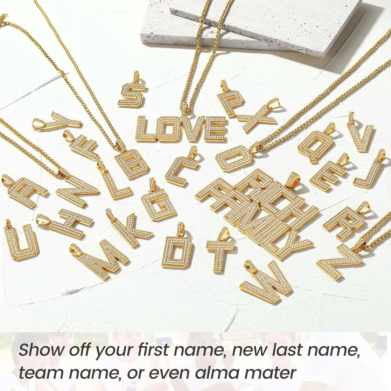 KeyStyle Initial Necklaces For Men, Bling Letters Chain Necklace Hip Hop Simulated Diamond Name Pendant with Tennis Chain Spiga Chains