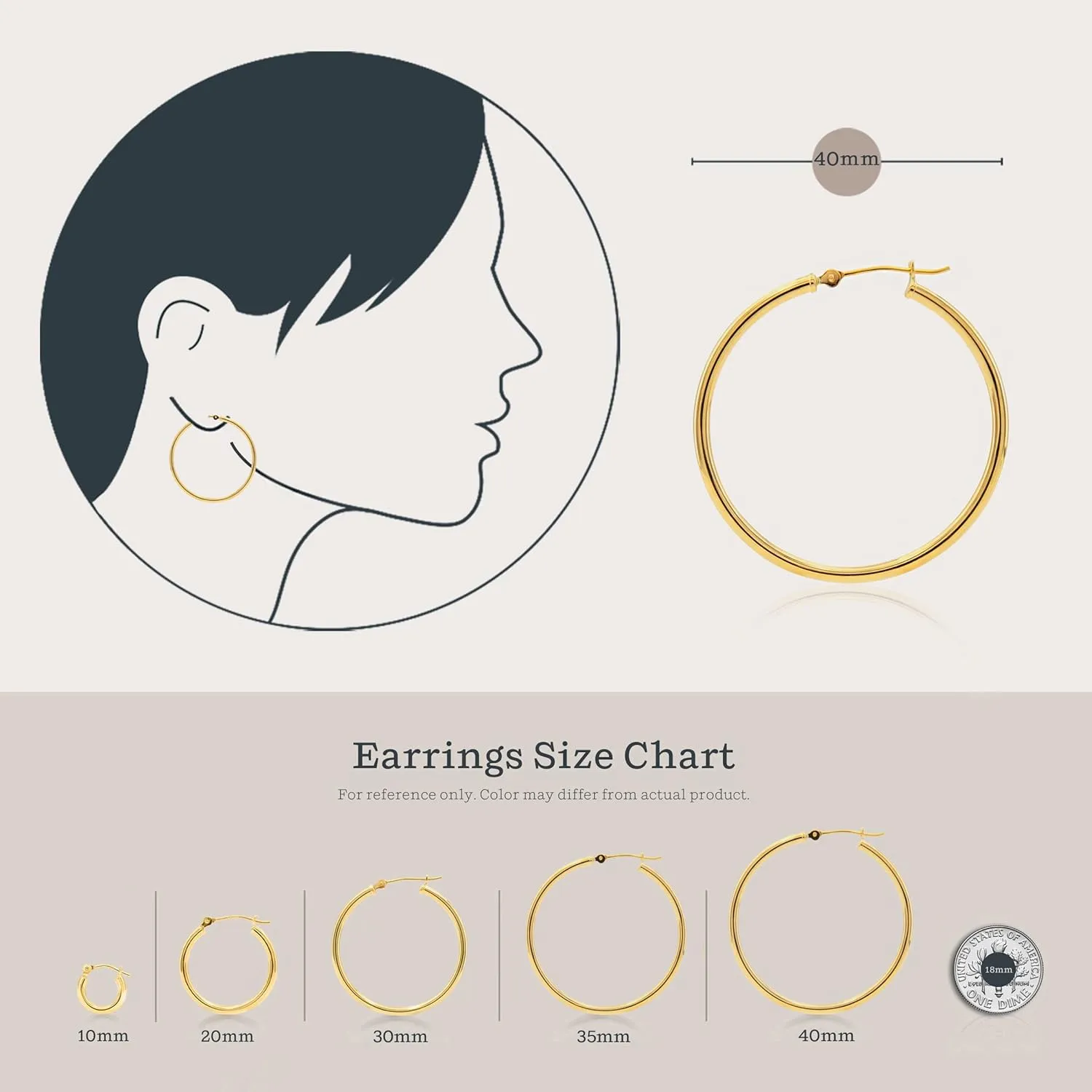 KEZEF 14k Hoop Earrings 2mm Lightweight Hoops for Women Real Solid Gold