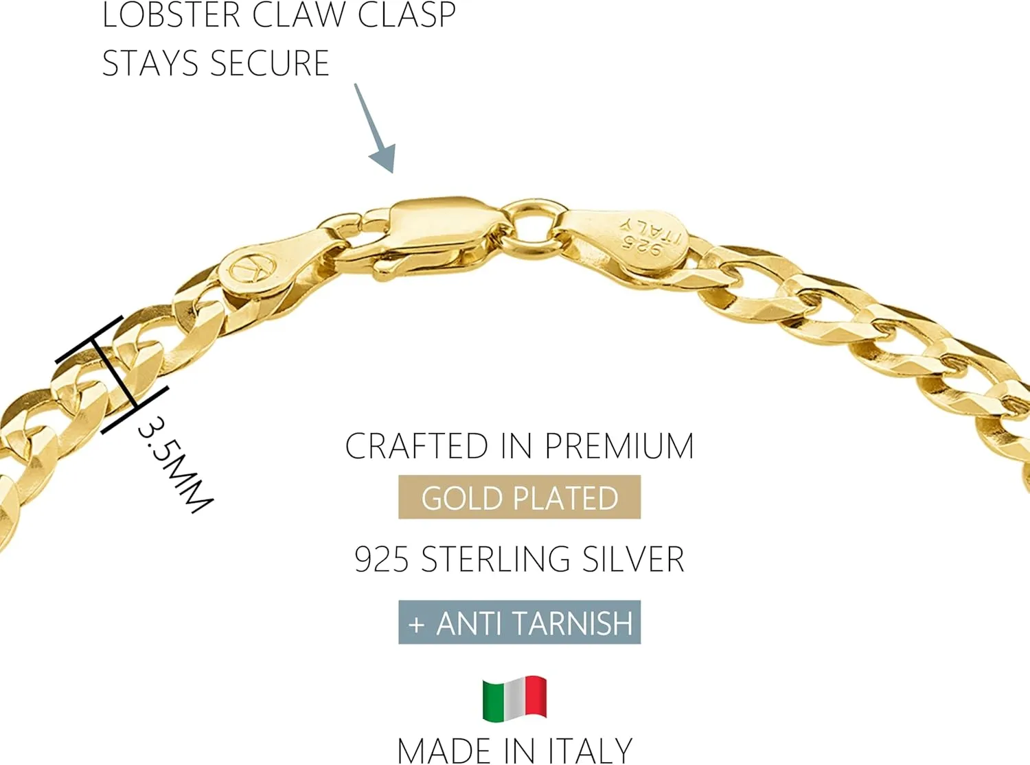 KISPER 18K Gold Plated 925 Sterling Silver Chain Bracelets for Women, Waterproof Tarnish Resistant, Curb/Rope/Figaro/Mariner Link Bracelet, 6.5, 7, 8, 9 Inch
