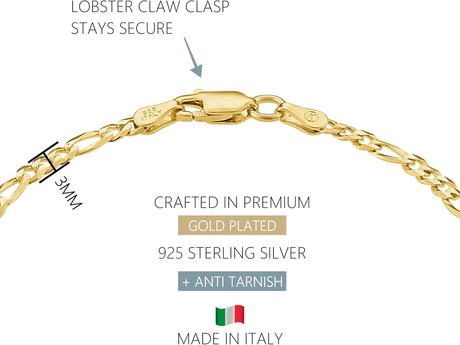 KISPER 18K Gold Plated 925 Sterling Silver Chain Bracelets for Women, Waterproof Tarnish Resistant, Curb/Rope/Figaro/Mariner Link Bracelet, 6.5, 7, 8, 9 Inch