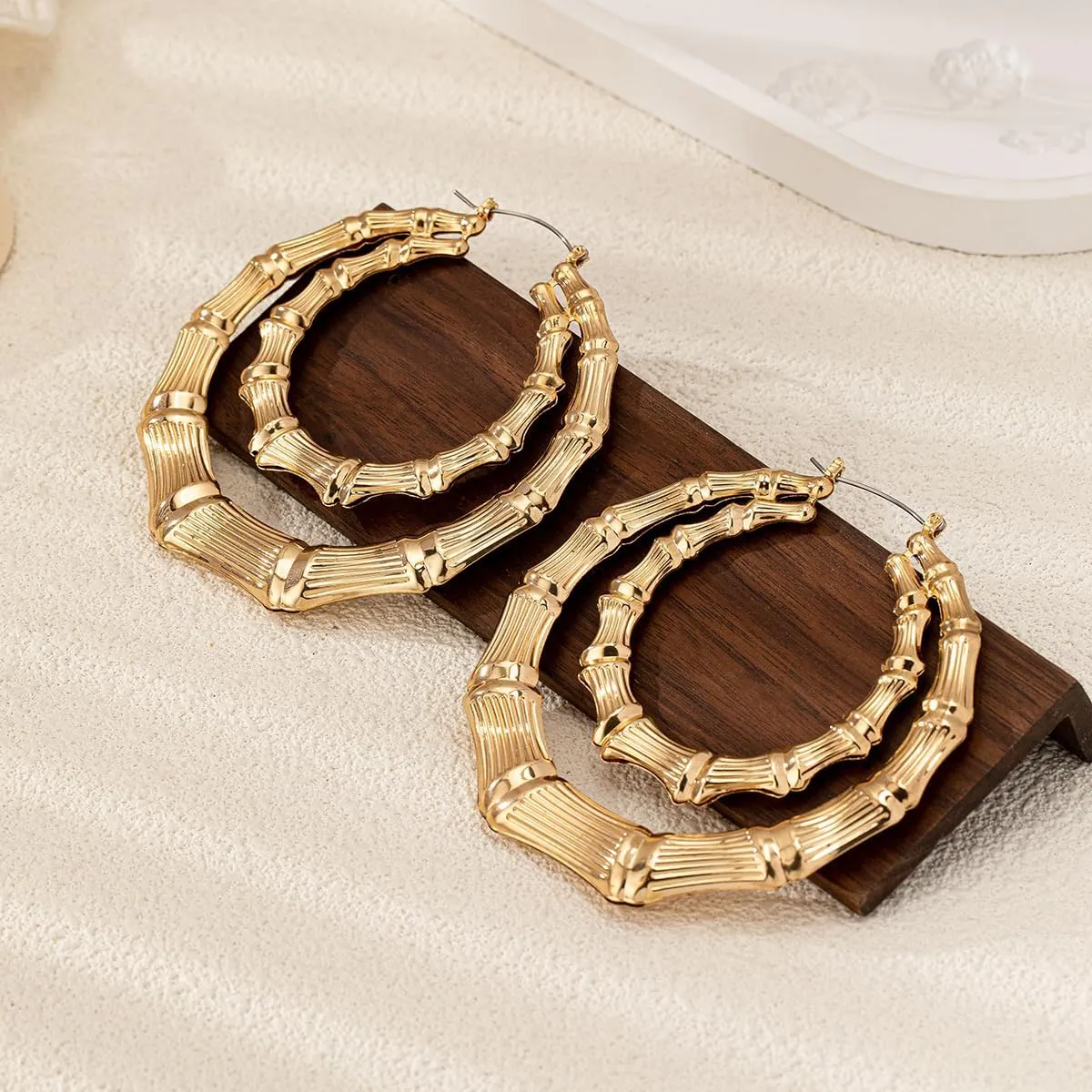 Large Hoop Earrings for Women Double Bamboo Hoop Earrings Chunky Gold Dangle Statement Earrings Punk Jewelry