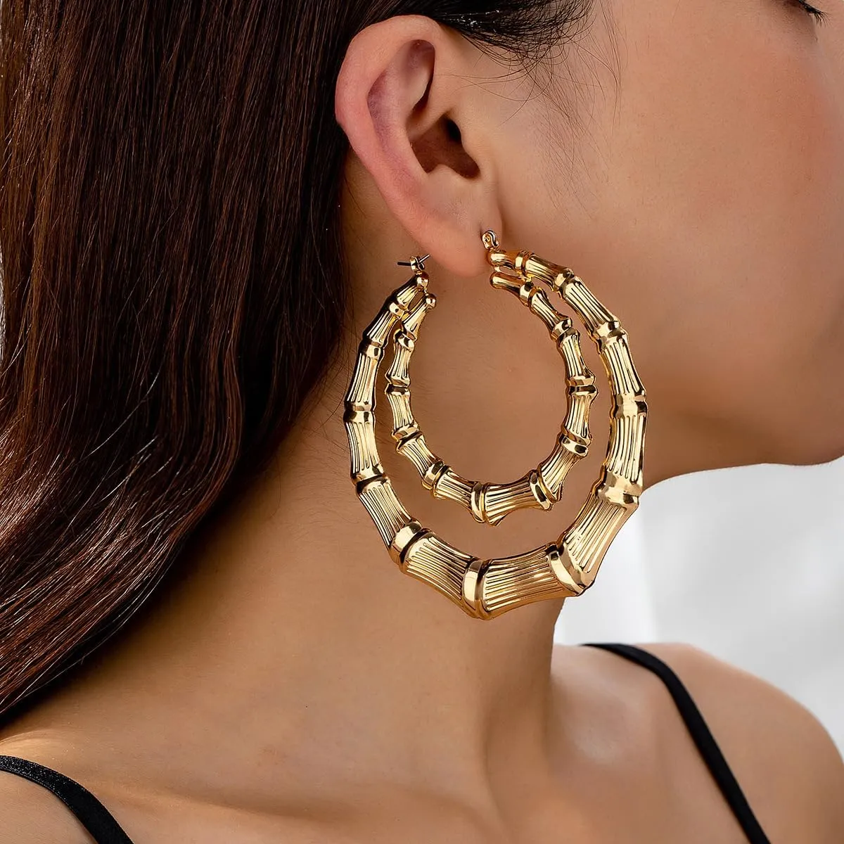 Large Hoop Earrings for Women Double Bamboo Hoop Earrings Chunky Gold Dangle Statement Earrings Punk Jewelry