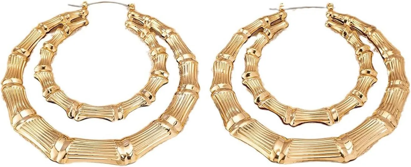 Large Hoop Earrings for Women Double Bamboo Hoop Earrings Chunky Gold Dangle Statement Earrings Punk Jewelry