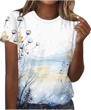 Lastesso Women Fashion Floar Print T Shirt Casual Loose Fit Crewneck Short Sleeve T Shirt Soft Spring Summer Tees
