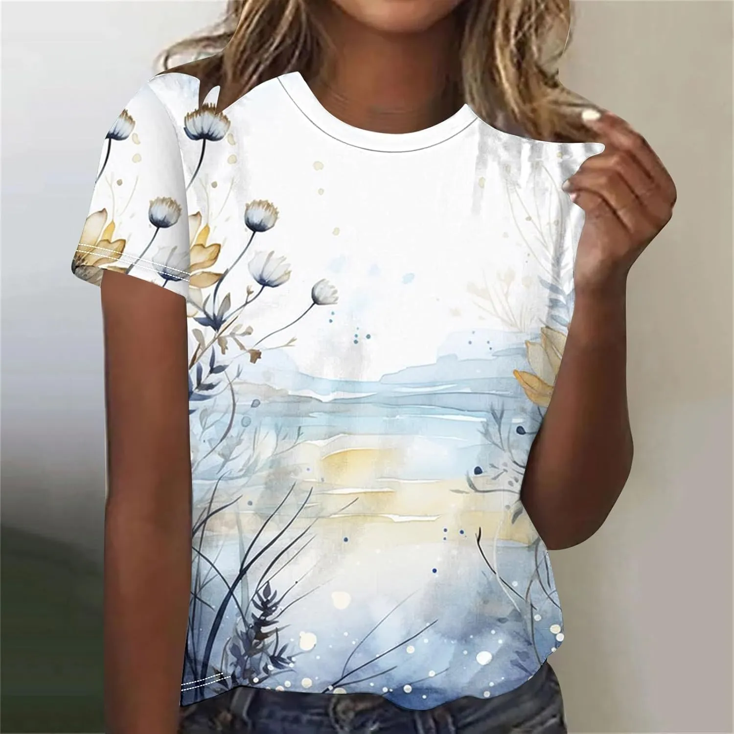 Lastesso Women Fashion Floar Print T Shirt Casual Loose Fit Crewneck Short Sleeve T Shirt Soft Spring Summer Tees