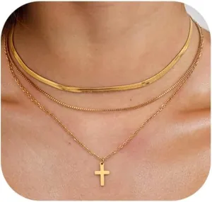 Layered Gold Necklace for Women,Stackable 14K Gold Plated Chain Necklace Cross Snake Twisted Layered Pendant Necklace Dainty Gold Chain Necklace Cross Pendant Jewelry Gifts for Women