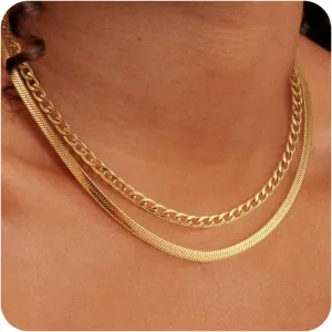 Layered Gold Necklaces for Women - 18K Gold Plated Herringbone Paperclip Chain Pearl Cuban Twist Rope Chain Necklace Waterproof Jewelry Dainty Choker Necklace Gold Jewelry for Women Gifts