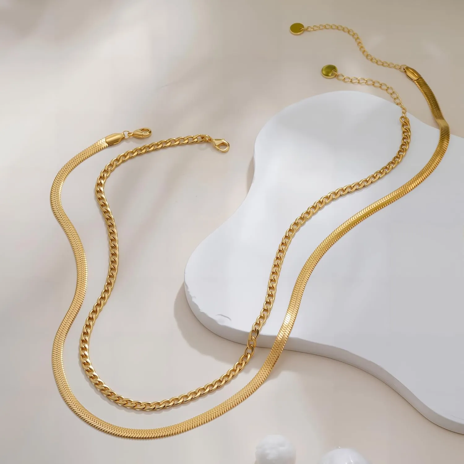 Layered Gold Necklaces for Women - 18K Gold Plated Herringbone Paperclip Chain Pearl Cuban Twist Rope Chain Necklace Waterproof Jewelry Dainty Choker Necklace Gold Jewelry for Women Gifts